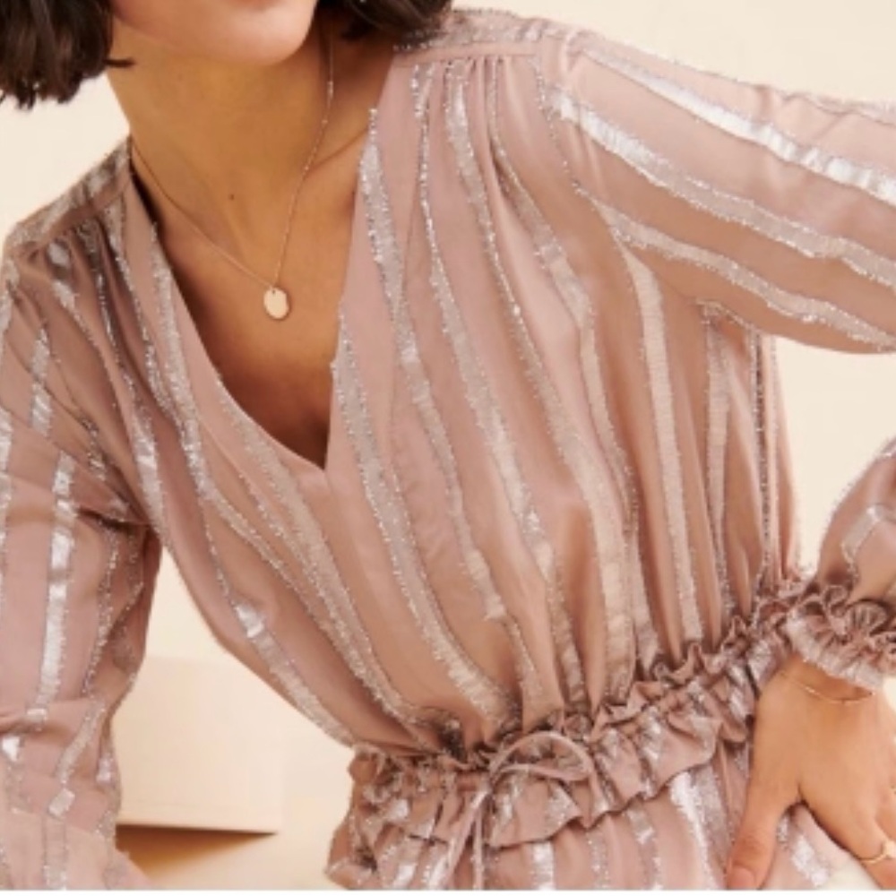 Anthropologie Current Air Silver Metallic Stripe Peplum Top (Pink) (Medium)